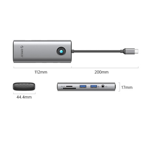 
ŠAKOTĖLIS 8in1 USB-C - USB-A USB-C HDMI SD microSD RJ45 mini lizdas PD 100W 4K 60Hz - pilkas
