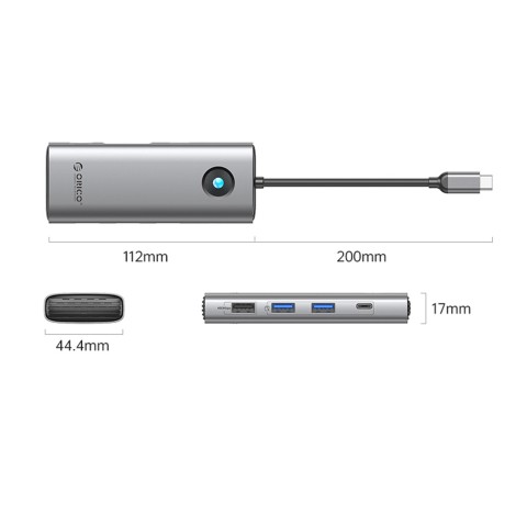 
ŠAKOTUVAS 8in1 USB-C - USB-A USB-C HDMI VGA RJ45 PD 100W 4K 60Hz 1000Mbps - pilkas
