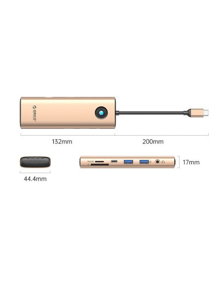
9in1 šakotuvas USB-C - USB-A USB-C HDMI SD RJ45 garso PD 100W 4K 2.5G - rožinio aukso spalvos
