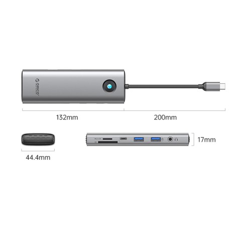 
9in1 šakotuvas USB-C - USB-A USB-C HDMI SD RJ45 garso PD 100W 4K 2.5G - pilkas
