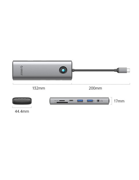 
9in1 šakotuvas USB-C - USB-A USB-C HDMI SD RJ45 garso PD 100W 4K 2.5G - pilkas
