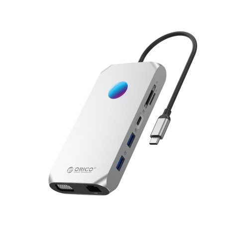 
ŠAKOTAS 12in1 USB-C - USB-A USB-C HDMI VGA microSD/ SD RJ45 garso 3,5 mm PD 100W 4K RGB - sidabrinis
