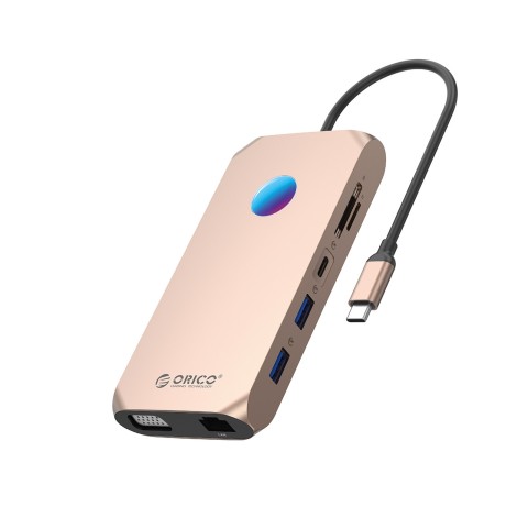 
ŠAKOTAS 12in1 USB-C - USB-A USB-C HDMI VGA microSD/ SD RJ45 garso 3,5 mm PD 100W 4K RGB - rožinio aukso spalvos
