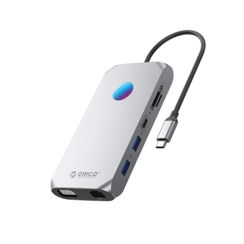 
ŠAKOTĖLIS 12in1 USB-C - USB-A USB-C HDMI VGA microSD/ SD RJ45 garso 3,5 mm PD 100W 4K RGB - pilkas
