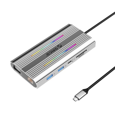 
12in1 šakotuvo prijungimo stotelė USB-C - USB-A USB-C HDMI VGA RJ45 SD microSD PD 100W 4K RGB - pilka
