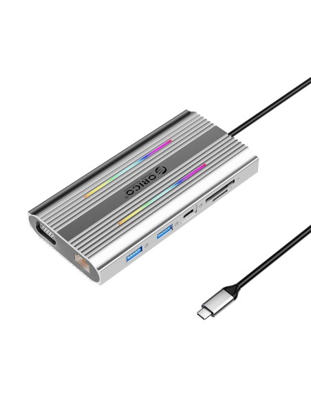
12in1 šakotuvo prijungimo stotelė USB-C - USB-A USB-C HDMI VGA RJ45 SD microSD PD 100W 4K RGB - pilka
