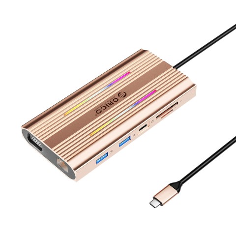 
12 viename USB-C šakotuvo prijungimo stotelė - USB-A USB-C HDMI VGA RJ45 SD microSD PD 100W 4K RGB - rožinio aukso spal...