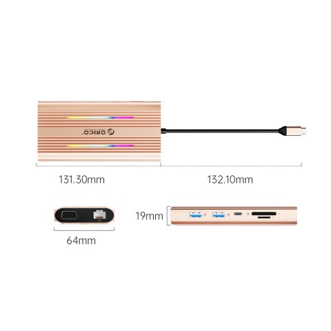 
12 viename USB-C šakotuvo prijungimo stotelė - USB-A USB-C HDMI VGA RJ45 SD microSD PD 100W 4K RGB - rožinio aukso spal...