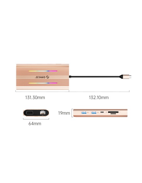 
12 viename USB-C šakotuvo prijungimo stotelė - USB-A USB-C HDMI VGA RJ45 SD microSD PD 100W 4K RGB - rožinio aukso spal...