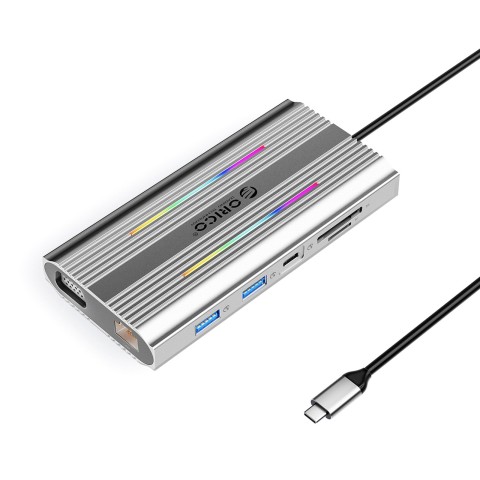 
„HUB 12in1“ USB-C prijungimo stotelė - USB-A, USB-C, HDMI, VGA, RJ45, SD, PD, 100 W, 4K, 1000 Mbps, RGB - sidabrinė
