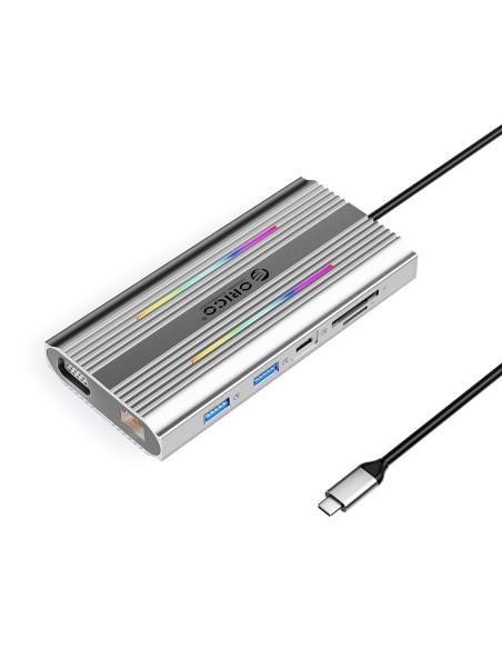 
„HUB 12in1“ USB-C prijungimo stotelė - USB-A, USB-C, HDMI, VGA, RJ45, SD, PD, 100 W, 4K, 1000 Mbps, RGB - sidabrinė
