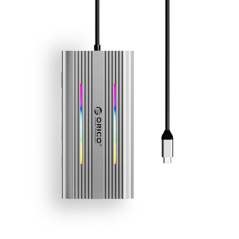 
„HUB 12in1“ USB-C prijungimo stotelė - USB-A, USB-C, HDMI, VGA, RJ45, SD, PD, 100 W, 4K, 1000 Mbps, RGB - sidabrinė
