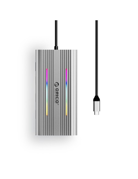 
„HUB 12in1“ USB-C prijungimo stotelė - USB-A, USB-C, HDMI, VGA, RJ45, SD, PD, 100 W, 4K, 1000 Mbps, RGB - sidabrinė
