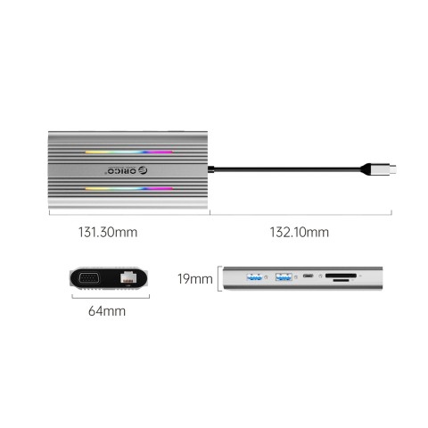 
„HUB 12in1“ USB-C prijungimo stotelė - USB-A, USB-C, HDMI, VGA, RJ45, SD, PD, 100 W, 4K, 1000 Mbps, RGB - sidabrinė
