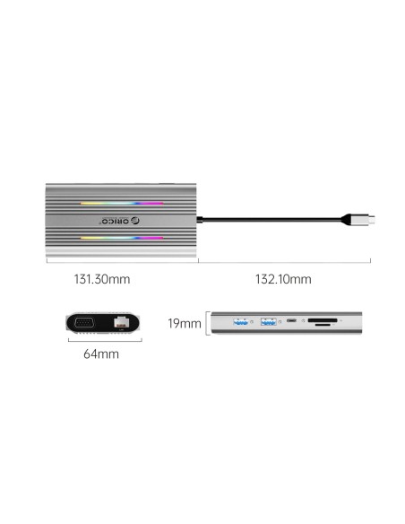 
„HUB 12in1“ USB-C prijungimo stotelė - USB-A, USB-C, HDMI, VGA, RJ45, SD, PD, 100 W, 4K, 1000 Mbps, RGB - sidabrinė
