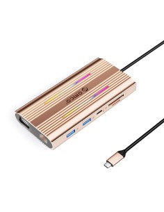 
„HUB 12in1“ USB-C prijungimo stotelė - USB-A, USB-C, HDMI, VGA, RJ45, SD, PD, 100 W, 4K, 1000 Mbps, RGB - rožinio aukso...