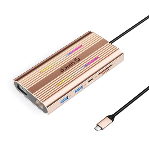 
„HUB 12in1“ USB-C prijungimo stotelė - USB-A, USB-C, HDMI, VGA, RJ45, SD, PD, 100 W, 4K, 1000 Mbps, RGB - rožinio aukso...