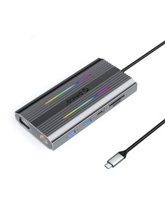 
12in1 šakotuvas, USB-C - USB-A, USB-C, HDMI, VGA, RJ45, SD, PD, 100W, 4K, 1000Mbps, RGB - pilkas
