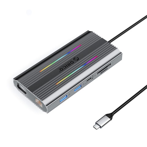 
12in1 šakotuvas, USB-C - USB-A, USB-C, HDMI, VGA, RJ45, SD, PD, 100W, 4K, 1000Mbps, RGB - pilkas
