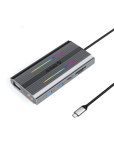 
12in1 šakotuvas, USB-C - USB-A, USB-C, HDMI, VGA, RJ45, SD, PD, 100W, 4K, 1000Mbps, RGB - pilkas
