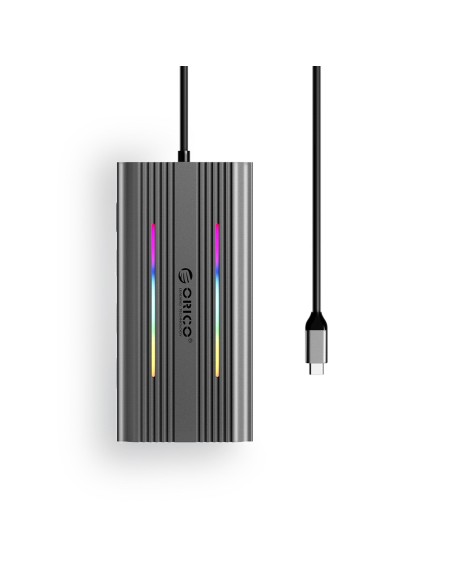 
12in1 šakotuvas, USB-C - USB-A, USB-C, HDMI, VGA, RJ45, SD, PD, 100W, 4K, 1000Mbps, RGB - pilkas
