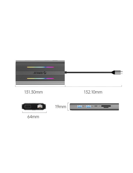 
12in1 šakotuvas, USB-C - USB-A, USB-C, HDMI, VGA, RJ45, SD, PD, 100W, 4K, 1000Mbps, RGB - pilkas
