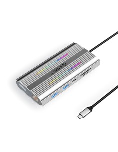 
12in1 šakotuvas USB-C - USB-A USB-C HDMI DisplayPort RJ45 SD/ microSD 4K PD 100W RGB - sidabrinis

