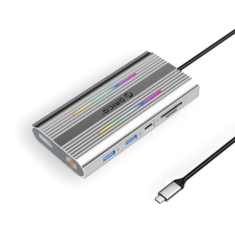 
12in1 šakotuvas USB-C - USB-A USB-C HDMI DisplayPort RJ45 SD/ microSD 4K PD 100W RGB - sidabrinis
