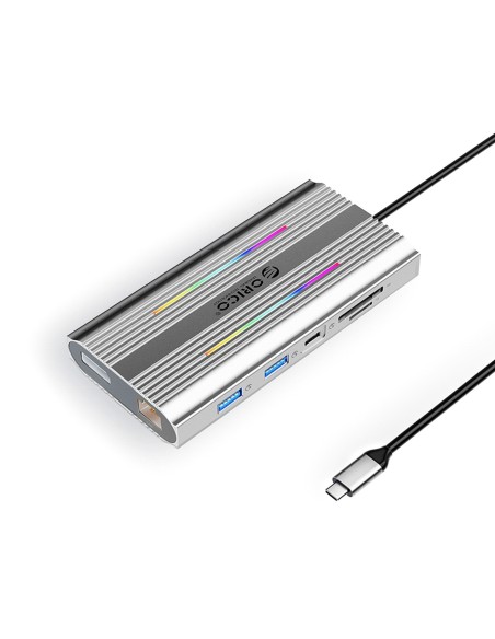 
12in1 šakotuvas USB-C - USB-A USB-C HDMI DisplayPort RJ45 SD/ microSD 4K PD 100W RGB - sidabrinis
