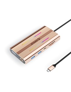 
12in1 šakotuvas USB-C - USB-A USB-C HDMI DisplayPort RJ45 SD/ microSD 4K PD 100W RGB - rožinis auksas
