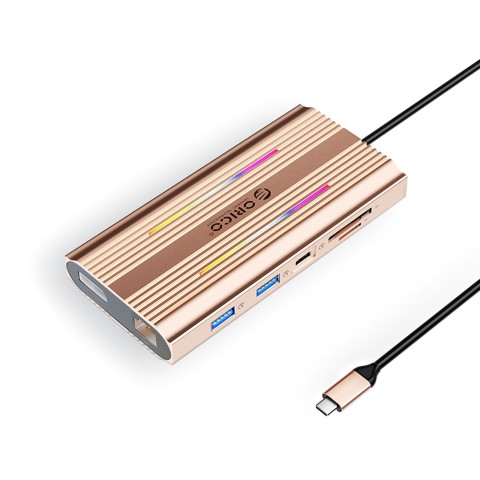 
12in1 šakotuvas USB-C - USB-A USB-C HDMI DisplayPort RJ45 SD/ microSD 4K PD 100W RGB - rožinis auksas
