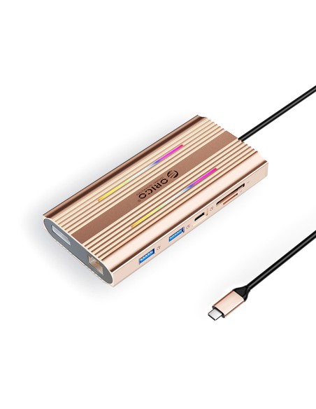 
12in1 šakotuvas USB-C - USB-A USB-C HDMI DisplayPort RJ45 SD/ microSD 4K PD 100W RGB - rožinis auksas
