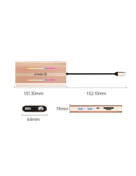
12in1 šakotuvas USB-C - USB-A USB-C HDMI DisplayPort RJ45 SD/ microSD 4K PD 100W RGB - rožinis auksas
