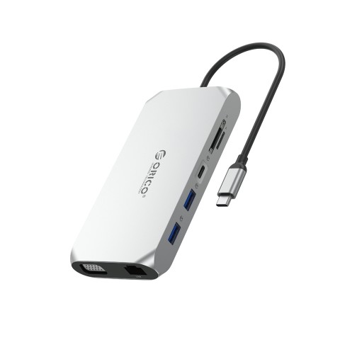 
ŠAKOTOJO adapteris 12in1 USB-C - USB-A USB-C HDMI VGA SD RJ45 garso 3,5 mm PD 100W 4K - pilkas
