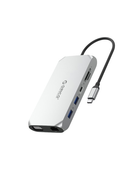 
ŠAKOTOJO adapteris 12in1 USB-C - USB-A USB-C HDMI VGA SD RJ45 garso 3,5 mm PD 100W 4K - pilkas

