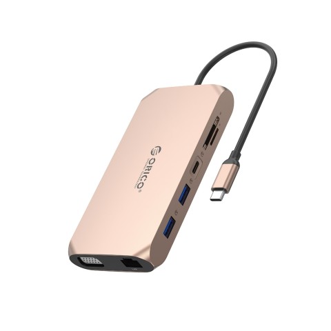 
Adapteris ŠAKOTUVAS 12in1 USB-C - USB-A USB-C HDMI VGA SD/ microSD RJ45 mini lizdas PD 100W 4K - rožinis auksas
