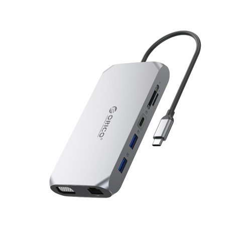 
Adapteris ŠAKOTUVAS 12in1 USB-C - USB-A USB-C HDMI VGA SD/ microSD RJ45 mini lizdas PD 100W 4K - pilkas
