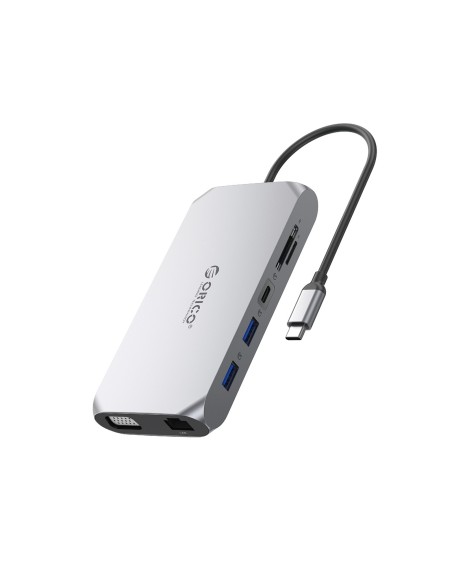 
Adapteris ŠAKOTUVAS 12in1 USB-C - USB-A USB-C HDMI VGA SD/ microSD RJ45 mini lizdas PD 100W 4K - pilkas

