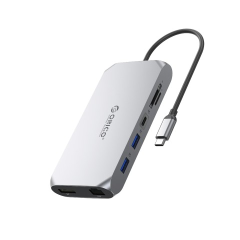 
12 viename USB-C šakotuvo stotelė – USB-A USB-C HDMI DisplayPort SD/ microSD RJ45 3,5 mm CTIA – pilka
