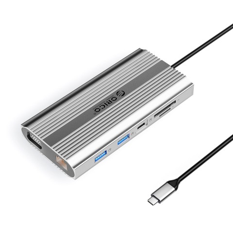 
12 viename USB-C prijungimo stotelė - USB-A USB-C HDMI VGA RJ45 SD microSD PD 100W - sidabrinė
