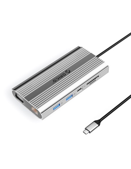 
12 viename USB-C prijungimo stotelė - USB-A USB-C HDMI VGA RJ45 SD microSD PD 100W - sidabrinė
