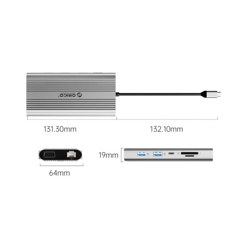 
12 viename USB-C prijungimo stotelė - USB-A USB-C HDMI VGA RJ45 SD microSD PD 100W - sidabrinė
