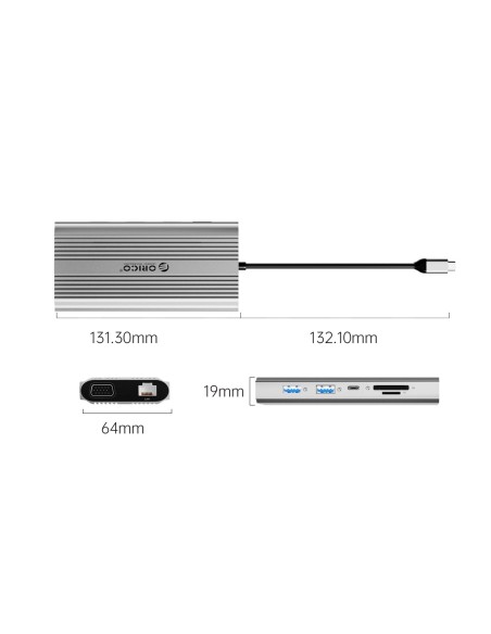 
12 viename USB-C prijungimo stotelė - USB-A USB-C HDMI VGA RJ45 SD microSD PD 100W - sidabrinė
