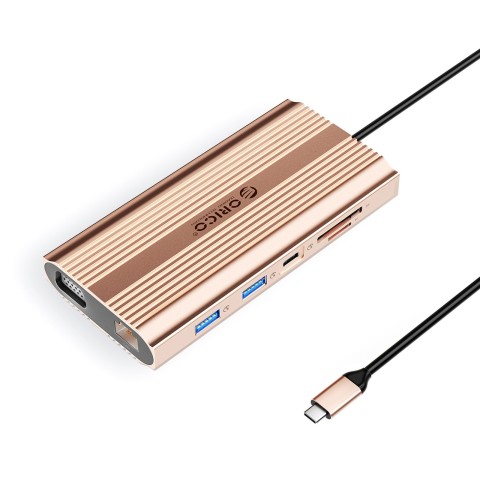 
12 viename USB-C prijungimo stotelė - USB-A USB-C HDMI VGA RJ45 SD microSD PD 100W - rožinio aukso spalvos
