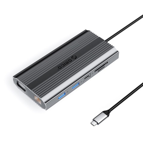 
12 viename USB-C prijungimo stotelė - USB-A USB-C HDMI VGA RJ45 SD microSD PD 100W - pilka
