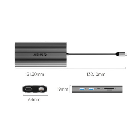 
12 viename USB-C prijungimo stotelė - USB-A USB-C HDMI VGA RJ45 SD microSD PD 100W - pilka
