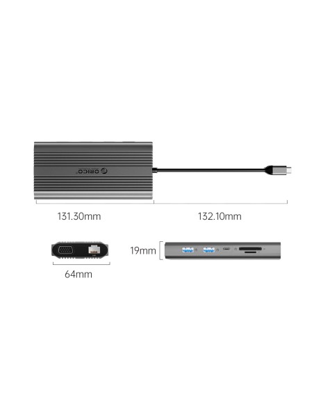 
12 viename USB-C prijungimo stotelė - USB-A USB-C HDMI VGA RJ45 SD microSD PD 100W - pilka
