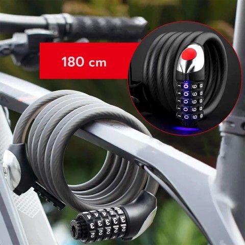 
5 skaitmenų dviračio spyna su plieniniu trosu ir LED foniniu apšvietimu, 180 cm - juoda
