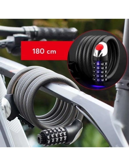 
5 skaitmenų dviračio spyna su plieniniu trosu ir LED foniniu apšvietimu, 180 cm - juoda
