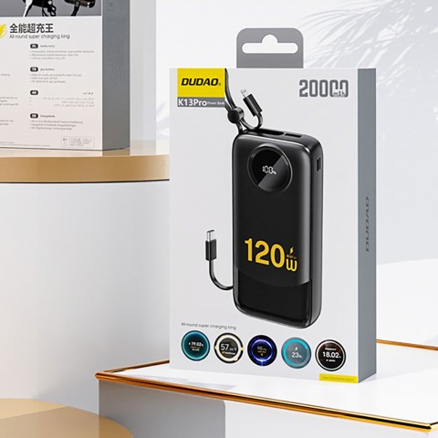 
K13 10000mAh 22.5W išorinė baterija su integruotu laidu - juoda
